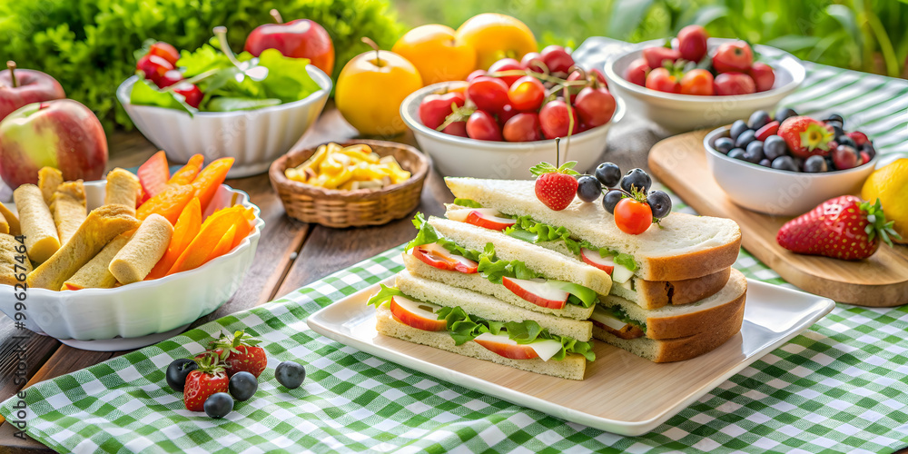 White plate with sandwiches, fruits, and snacks set on a table for a picnic, picnic, outdoors, food, table, meal, fresh White plate with sandwiches, fruits, and snacks set on a table for a picnic, picnic, outdoors, food, table, meal, fresh