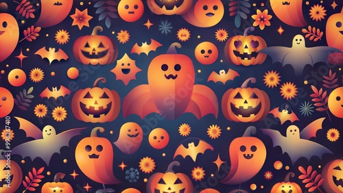 Halloween card background, vibrant design with pumpkins, bats, and ghosts, spooky fun, copy space 