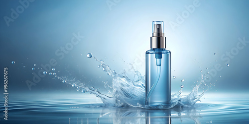 Spray glass bottle with cosmetic on blue water with splash effect, minimalist and authentic style, cosmetic