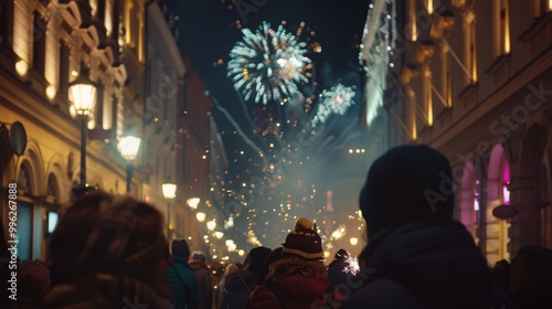 A lively street is packed with people, lights, and fireworks illuminating the night sky, vibrant energy celebrating an urban festival.