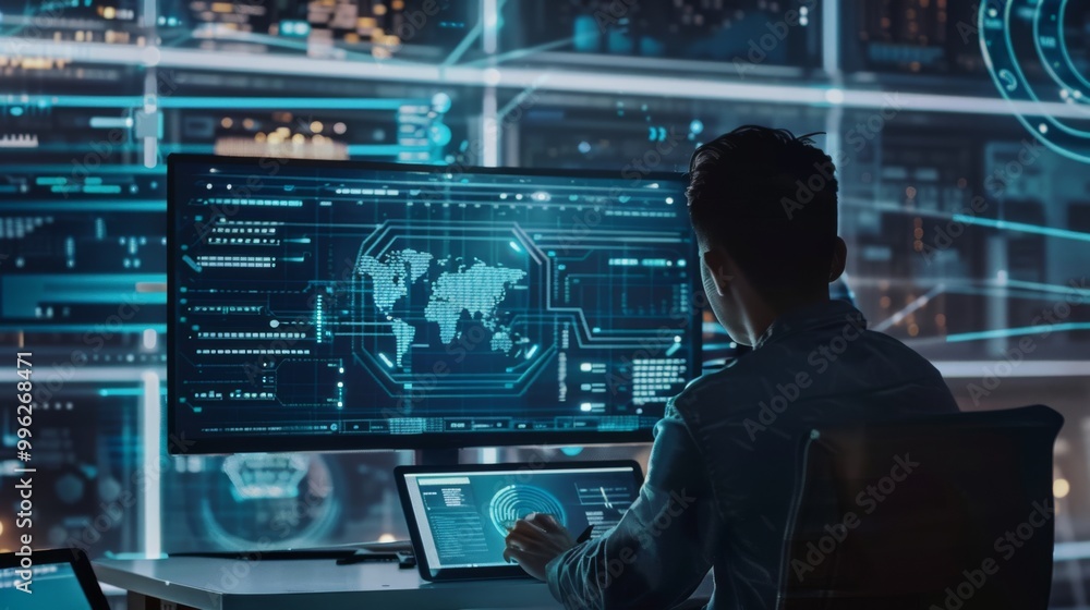 A person sits at a high-tech workstation with multiple screens displaying data and maps, immersed in a futuristic, digital environment. A person sits at a high-tech workstation with multiple screens displaying data and maps, immersed in a futuristic, digital environment.