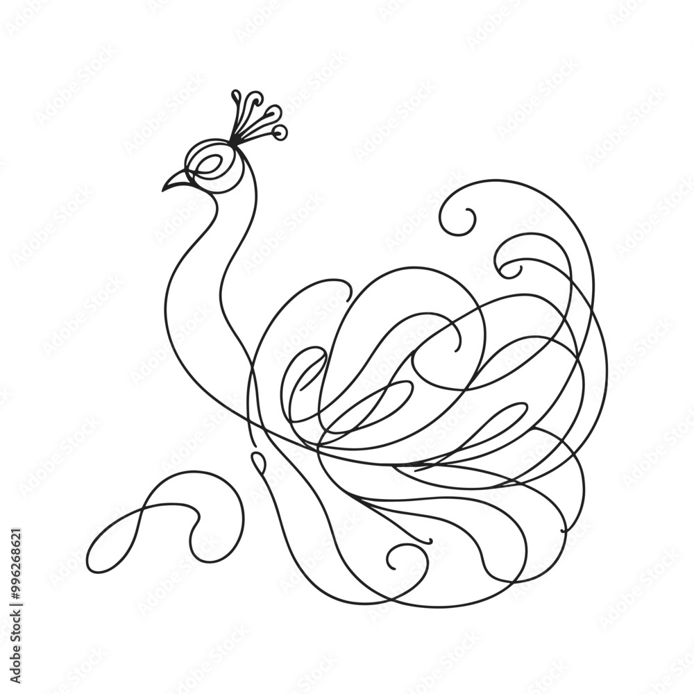Fototapeta premium A black and white drawing of a peacock with a crown on its head. The peacock is depicted in a flowing, elegant manner, with its feathers spread out. Concept of grace and beauty