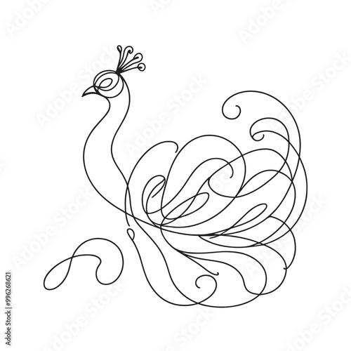 A black and white drawing of a peacock with a crown on its head. The peacock is depicted in a flowing, elegant manner, with its feathers spread out. Concept of grace and beauty