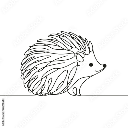 A black and white drawing of a hedgehog with a smile on its face. The drawing is in a line drawing style and has a playful, whimsical mood