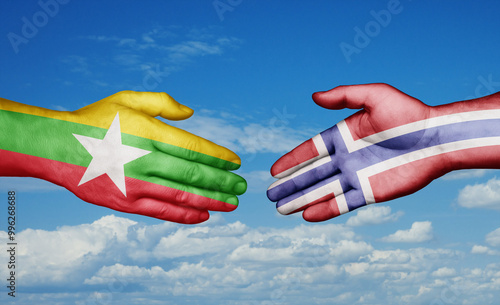 Norway and Myanmar country handshaking with flags, consensus concept international co-operation illustration