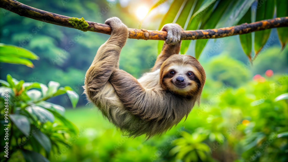 Naklejka premium Lazy sloth hanging from a tree branch in a tropical rainforest, sloth, hanging, tree branch, lazy, cute, tropical, rainforest