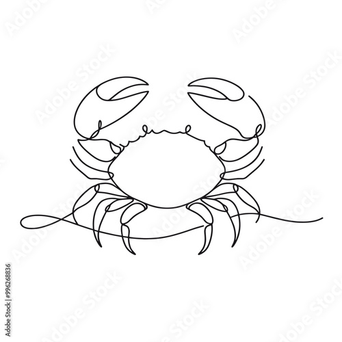 A crab is drawn in a line drawing style. The crab is white and has a black claw. The image is simple and minimalistic, with the focus on the crab's form and shape