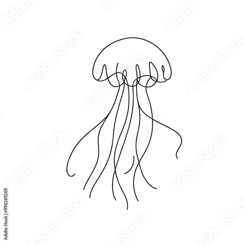 A jellyfish is drawn in a line. The jellyfish is white and has long, thin tentacles