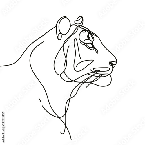 A tiger is drawn in a black and white line drawing. The tiger has a fierce look on its face and is looking straight ahead. The drawing is simple and minimalistic