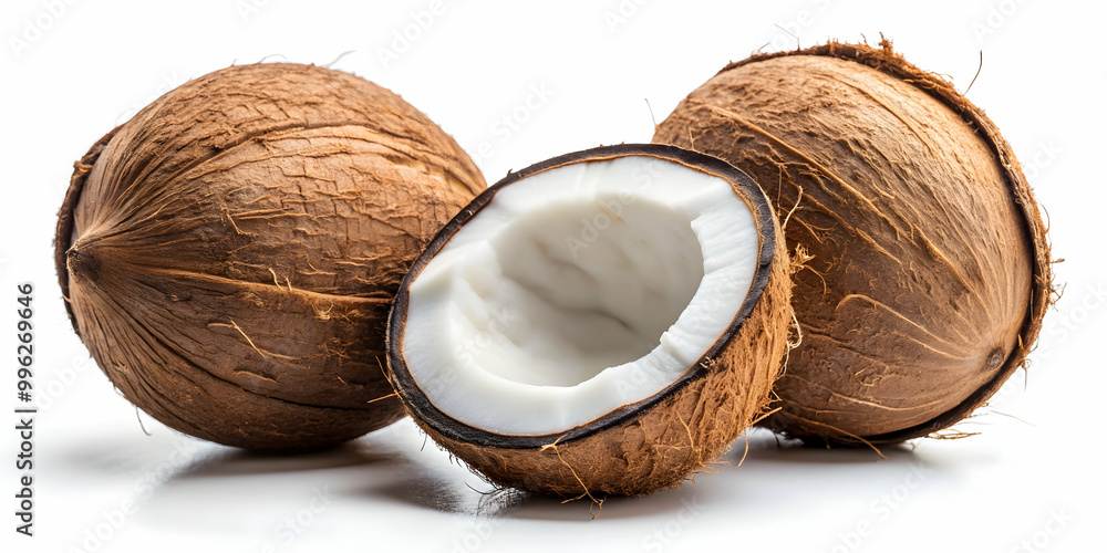 Coconuts on white background, tropical, fruit, nuts, organic, healthy, food, shell, brown, natural, fresh, vegetarian, exotic Coconuts on white background, tropical, fruit, nuts, organic, healthy, food, shell, brown, natural, fresh, vegetarian, exotic