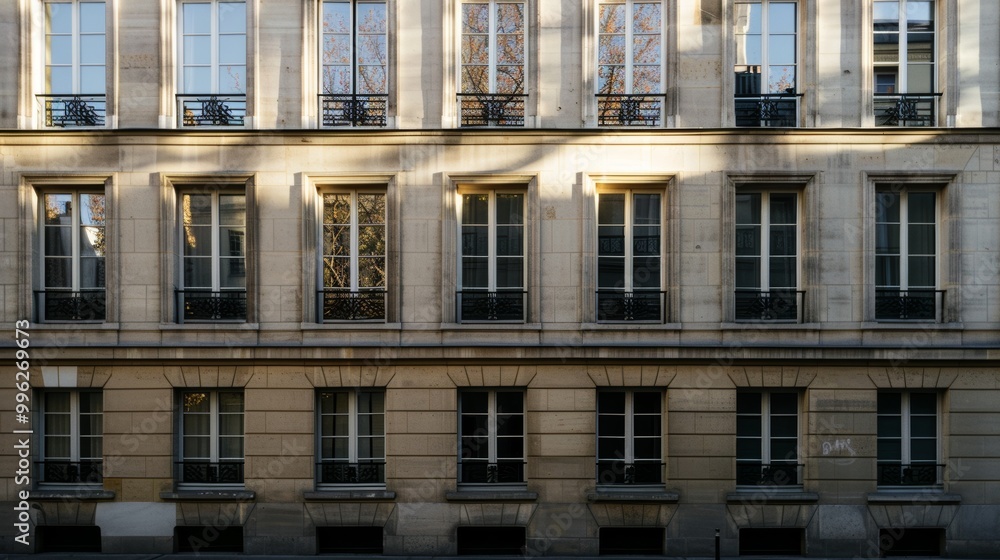 Modern Parisian building, complete wall with windows and doors, sunny afternoon, tranquil urban environment, no people around. Modern Parisian building, complete wall with windows and doors, sunny afternoon, tranquil urban environment, no people around.