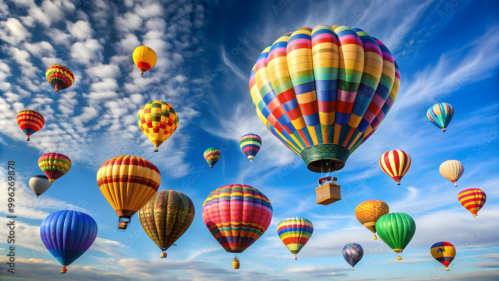 Obraz premium A colorful basket of hot air balloons floating in the sky, colorful, vibrant, flying, aerial, adventure, transportation, balloons