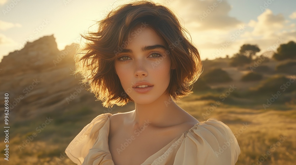 Beautiful Woman in Sunset Field Beautiful Woman in Sunset Field