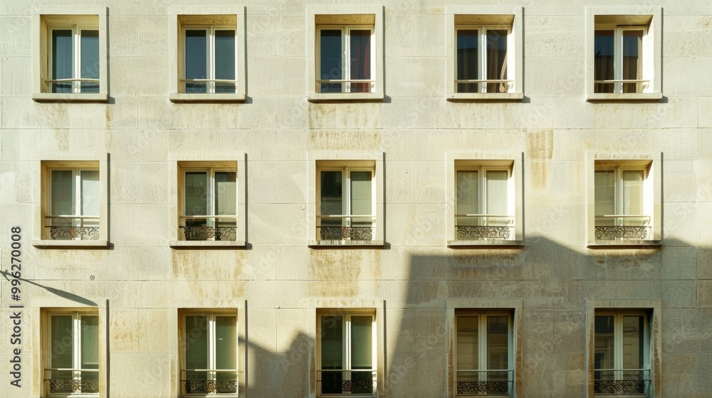 Modern Parisian building, complete wall with windows and doors, sunny afternoon, tranquil urban environment, no people around. Modern Parisian building, complete wall with windows and doors, sunny afternoon, tranquil urban environment, no people around.