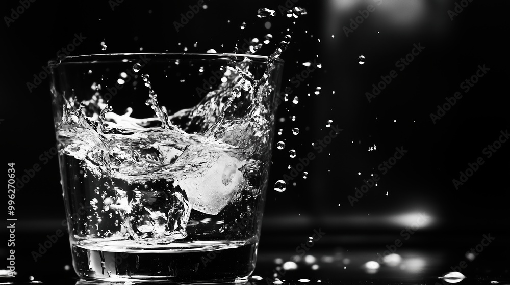A glass of water with ice cubes in it is splashing water all over the counter A glass of water with ice cubes in it is splashing water all over the counter