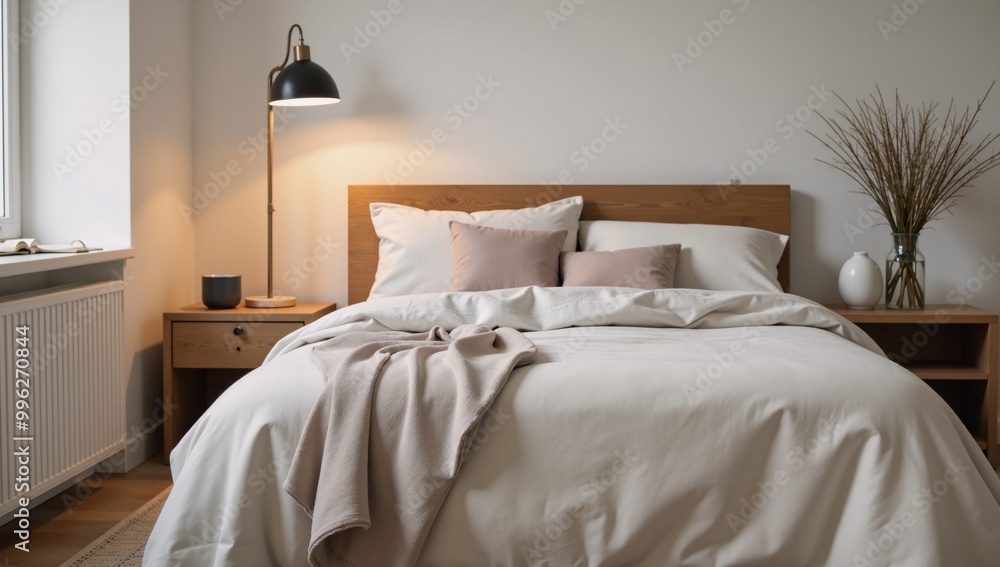 Obraz premium A Scandinavian Hygge-inspired bedroom showcases soft textures muted colors and warm ambient light to provide a comfortable retreat with natural wood accents and minimalist design
