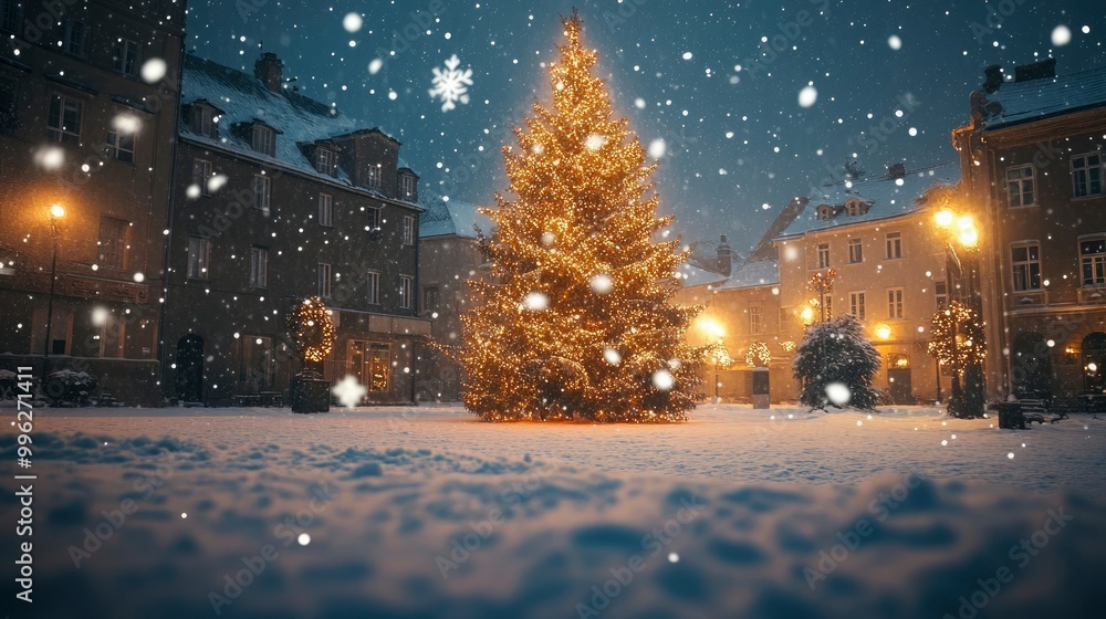 Soft snowflakes swirling gently around a glowing Christmas tree in a snow-covered town square. Soft snowflakes swirling gently around a glowing Christmas tree in a snow-covered town square.