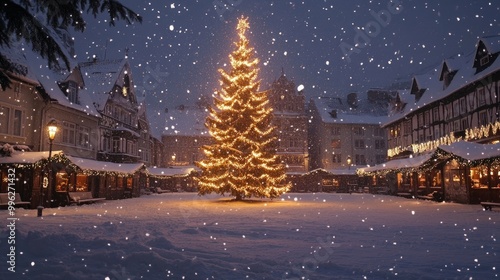 Soft snowflakes swirling gently around a glowing Christmas tree in a snow-covered town square.