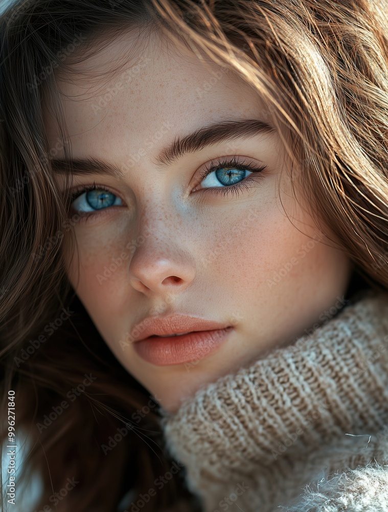 A woman with blue eyes and a tan sweater A woman with blue eyes and a tan sweater