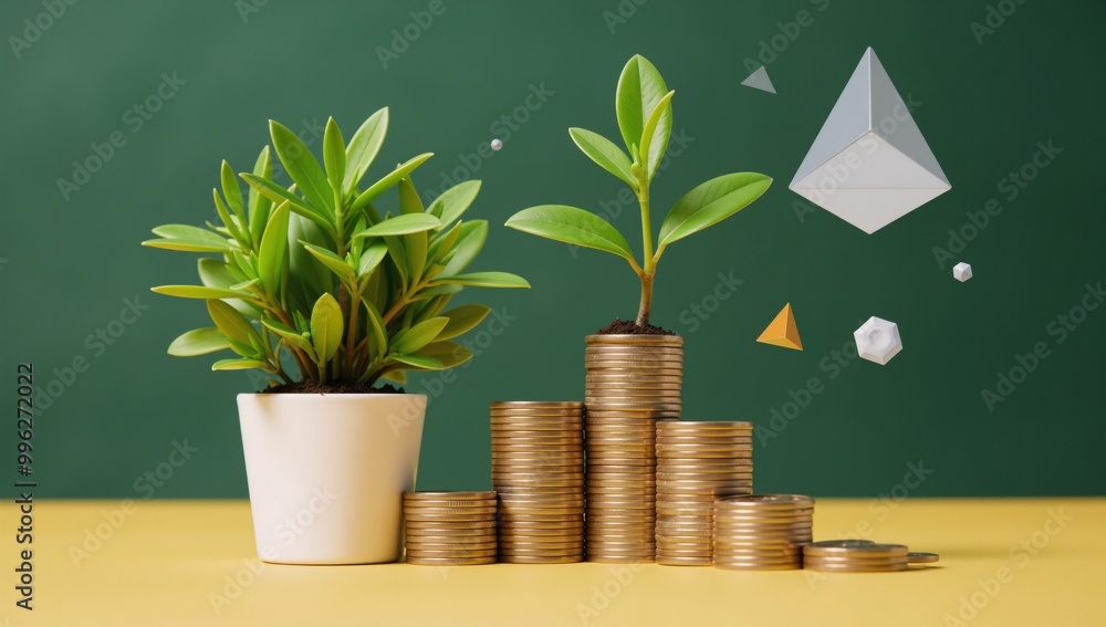 Investment-themed art collage featuring coins plants and abstract shapes depicting growth wealth and financial planning Investment-themed art collage featuring coins plants and abstract shapes depicting growth wealth and financial planning