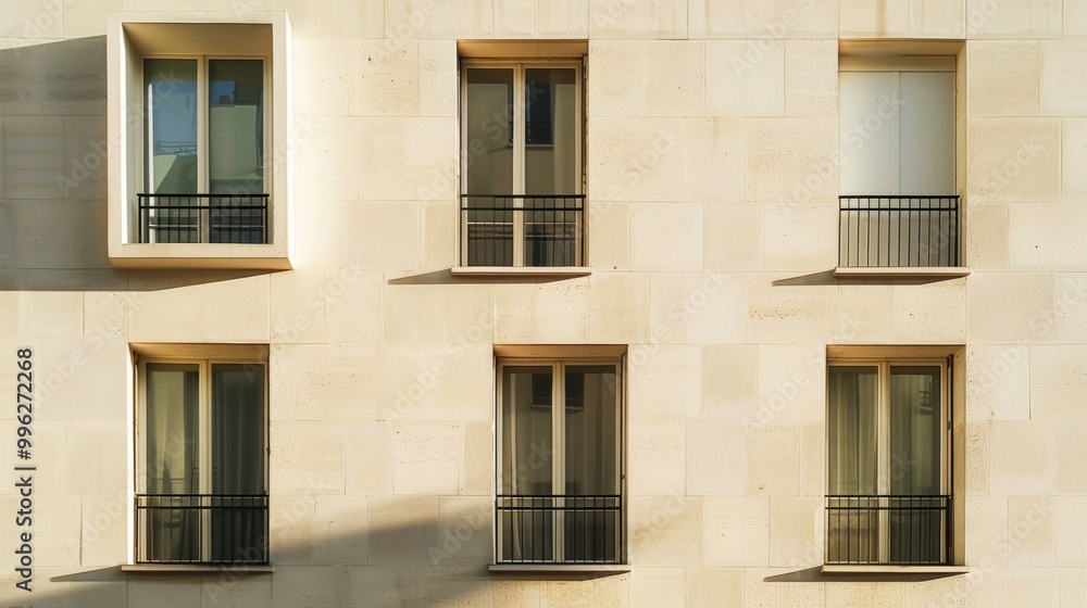 Fototapeta premium Modern Parisian building facade, minimalist design, complete wall with windows and doors, sunny afternoon light, serene atmosphere, no people around.