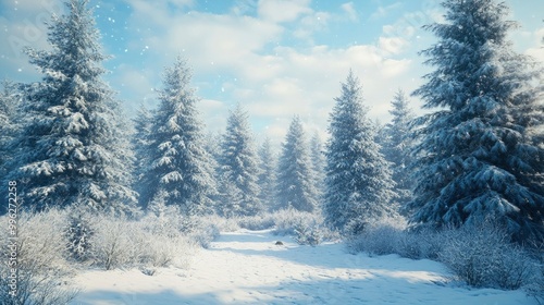 Tall pine trees draped in a thick layer of snow, standing proudly against the winter sky. photo