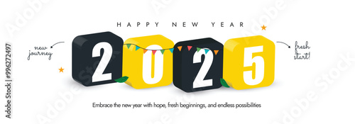 Happy New Year 2025. 2025 new year celebration cover banner, social media post, background, card with numbers written in 3D blocks in black and yellow colours. 
