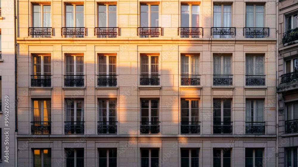 Modern Parisian building facade, minimalist design, complete wall with windows and doors, sunny afternoon light, tranquil urban setting, no people around. Modern Parisian building facade, minimalist design, complete wall with windows and doors, sunny afternoon light, tranquil urban setting, no people around.