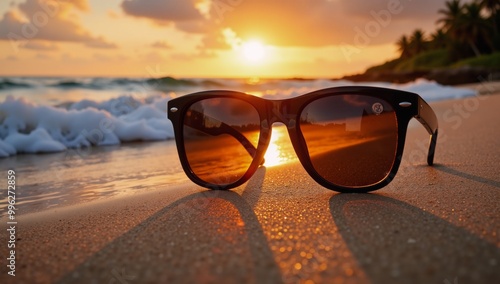 Wallpaper Mural Sunset scene with sunglasses reflected on a wet beach Torontodigital.ca