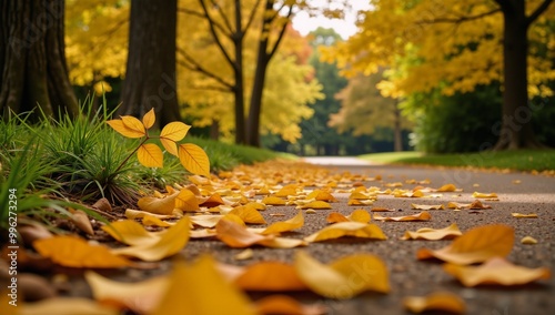 Scene showcases an idyllic autumn park surrounded by falling yellow leaves