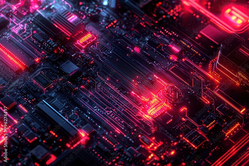 Close-up of a futuristic circuit board with red and orange glowing lines and components. Close-up of a futuristic circuit board with red and orange glowing lines and components.