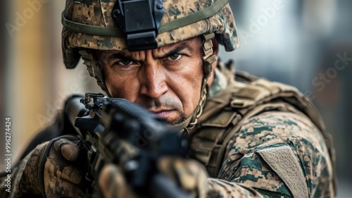 A determined soldier intensely aims his rifle during an urban combat mission, showcasing focus and readiness in a tense situation.