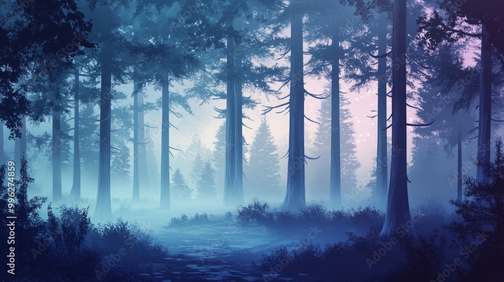 Naklejka premium Misty forest path with tall trees