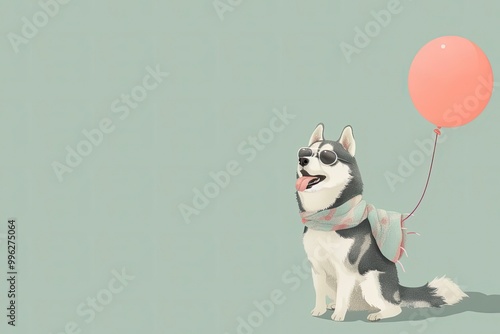 a illustrations digital art style of fat and cute floating husky , holding balloon , husky is floating from the ground , mute green palatte pastel background , minimal , puppy  with generati ai photo