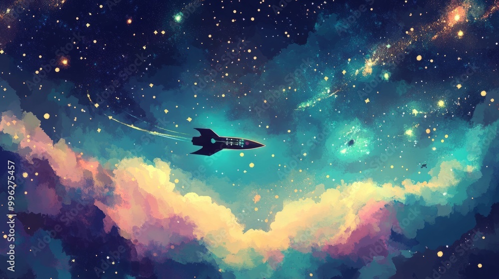 A small rocket flies through a starry night sky. A small rocket flies through a starry night sky.