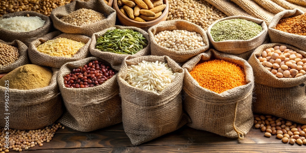 Beans rice lentils oats wheat rye and barley in jute sack Creative AI Beans rice lentils oats wheat rye and barley in jute sack Creative AI