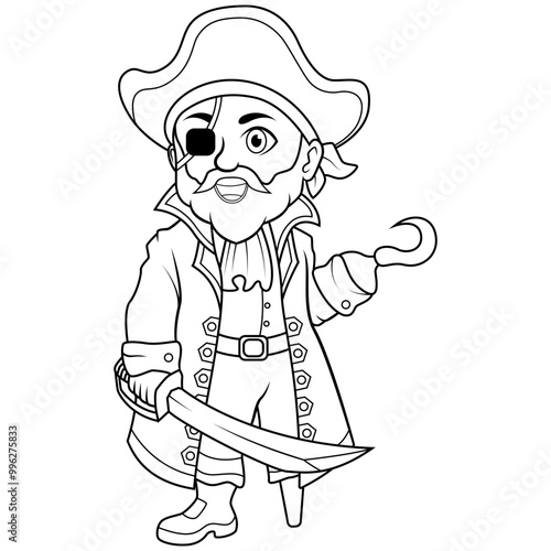 Cartoon captain pirate holding a sword line art