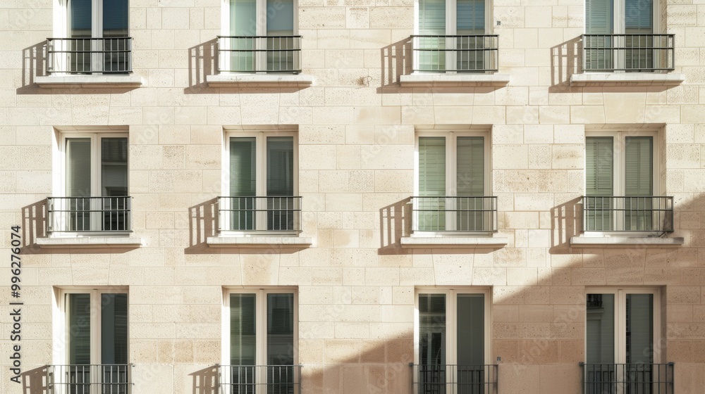 Obraz premium Modern Parisian building facade, minimalist design, complete wall with windows and doors, sunny afternoon, peaceful atmosphere, no people around.