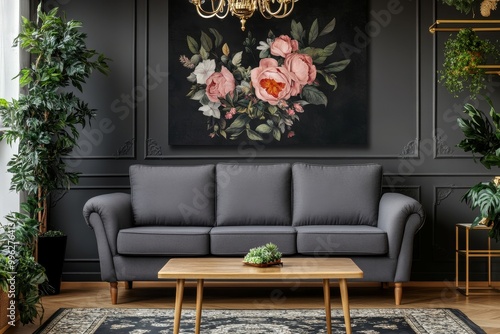 Black and gray furniture in a dark living room with a golden pendant light and floral wallpaper