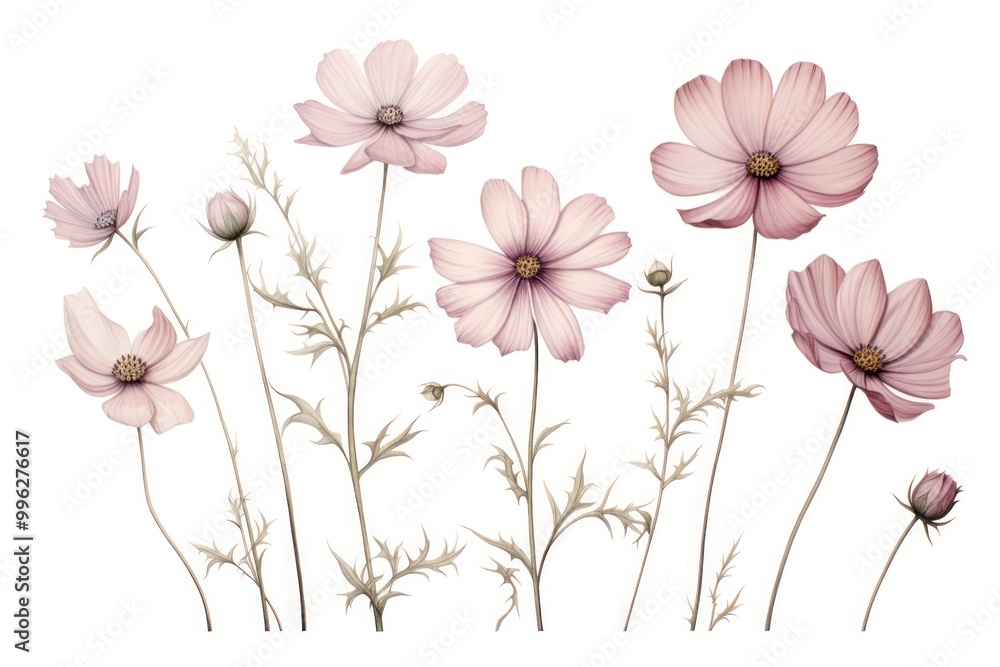 Fototapeta premium Botanical illustration flowers blossom drawing sketch.