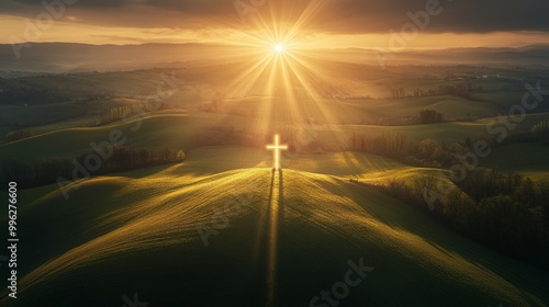 A glowing cross stands on a hilltop, bathed in the golden light of the setting sun.