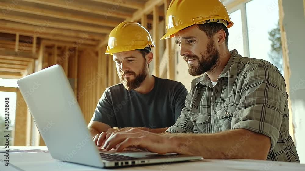 Construction worker and home owner working together on a laptop, examining detailed blueprints for a home renovation, set against a backdrop of a partially constructed or renovated space Construction worker and home owner working together on a laptop, examining detailed blueprints for a home renovation, set against a backdrop of a partially constructed or renovated space