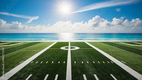Tranquil american football field with lush, bright green grass, with ocean views, ai generated