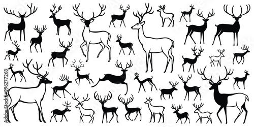 Set of primitive deer drawings, isolated on white background, vector design	
