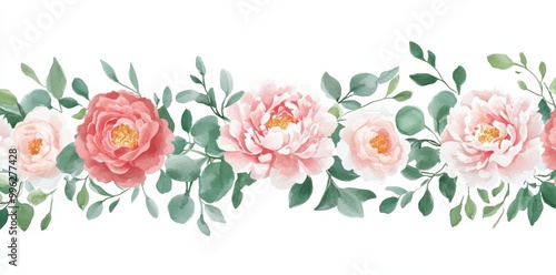 This watercolor pattern features green leaves, pink peach blush white flowers, leaf branches. Perfect for invitations, greetings, wallpapers, fashion, and prints. Eucalyptus, olive, roses, and