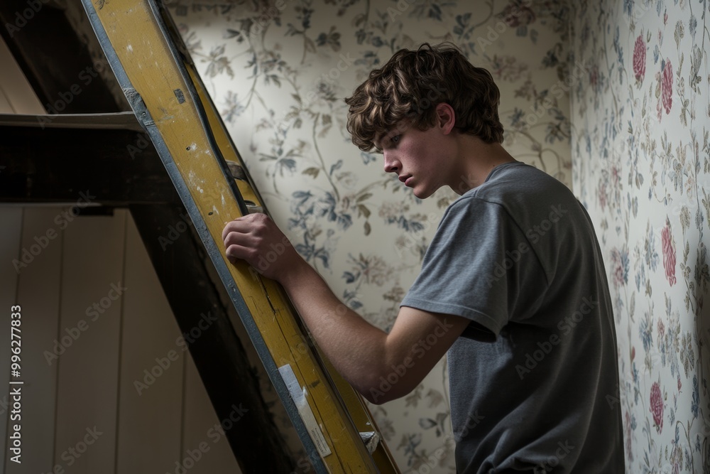 An apprentice learns how to put up wallpaper An apprentice learns how to put up wallpaper