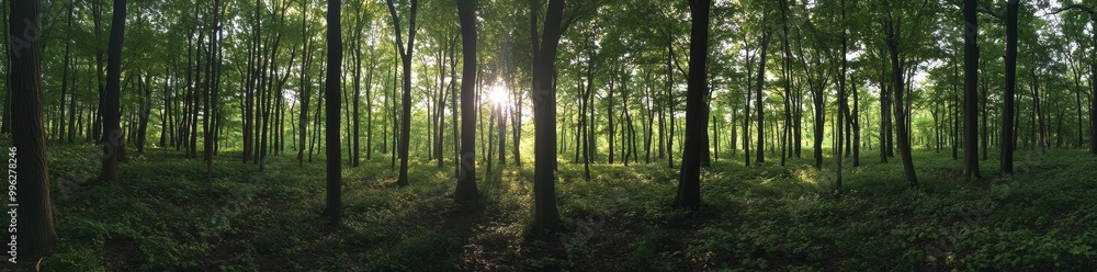 Fototapeta premium Ponorama - Morning Myst with sunny woods