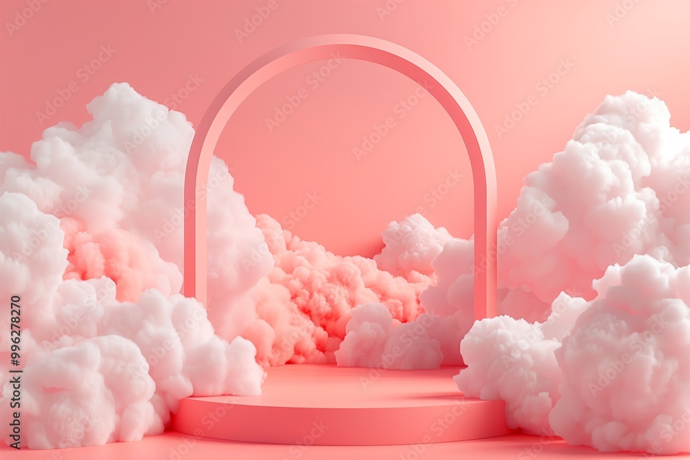 A pink cloud filled sky with a pink archway in the middle A pink cloud filled sky with a pink archway in the middle
