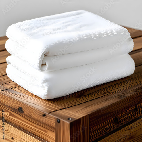 A stack of fresh white towels folded neatly on a wooden table, evoking cleanliness and self-care.