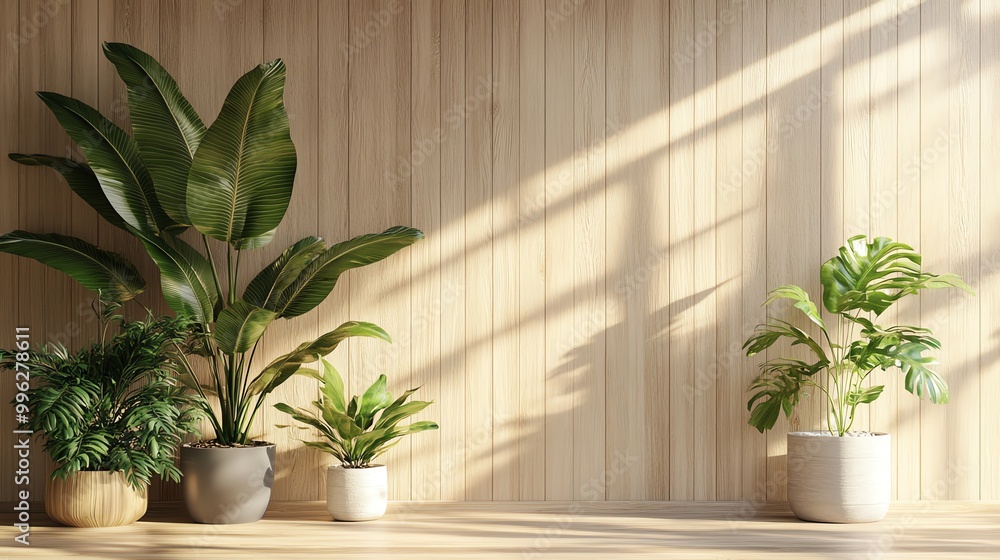 Indoor plants in stylish pots against a wooden wall, creating a serene and natural atmosphere. Indoor plants in stylish pots against a wooden wall, creating a serene and natural atmosphere.